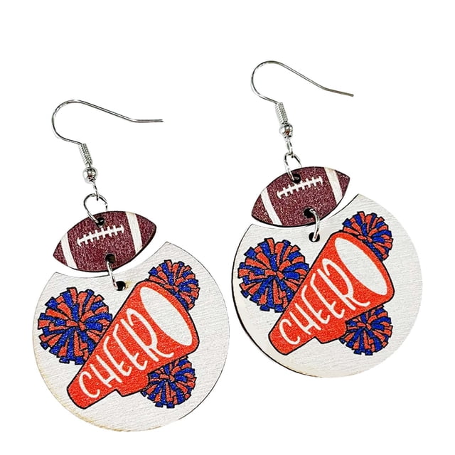 Soccer Earrings Cheerleaders Multicolor Rugby Geometric Wooden Print Cheer Earrings Rugby Cheerleader Earrings Cheer Jacket Earrings Girls Earrings for Sensitive Ears Rhinestone Earrings Earring Set