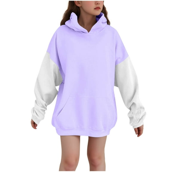 Eltusu Girls Pullover Hoodies, Long Sleeve Solid Color Loose Fit Casual Sweatshirts with Pockets Purple Size 3-14T