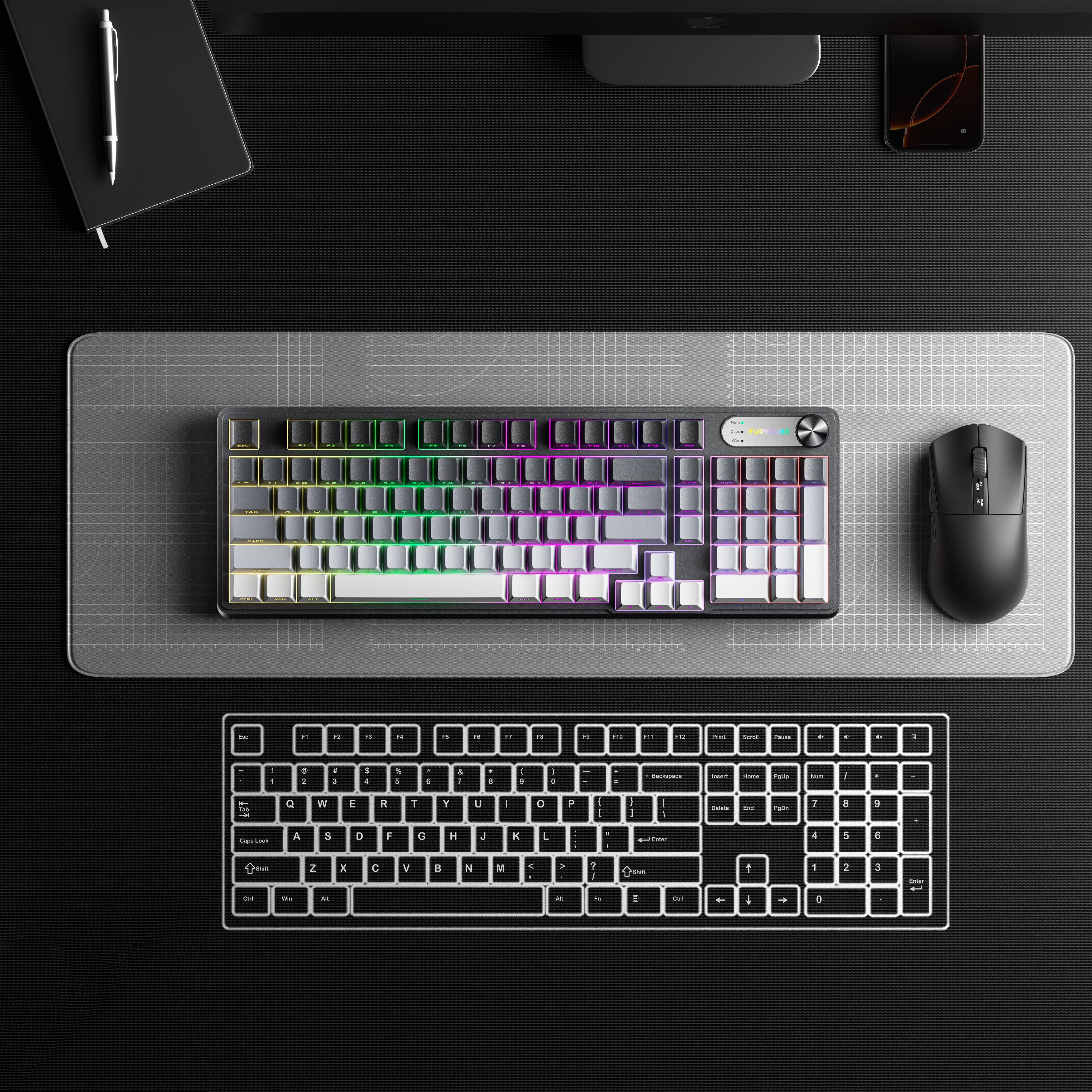 Rechale IP98 Mechanical Feel Keyboard, 98-Key Wired Gaming Keyboard, IPX8 Waterproof Side Printed PBT RGB Keycaps, 19-Key Anti-Ghosting (Black Gray)