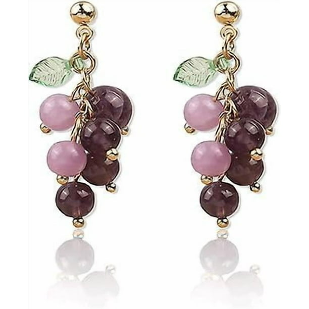 Unique Cute Creative Fruits Dangle Drop Earrings Transparent Sparkly Crystal Purple Grape Earring match Green Leaf for Women Girls Statement Beach Hol