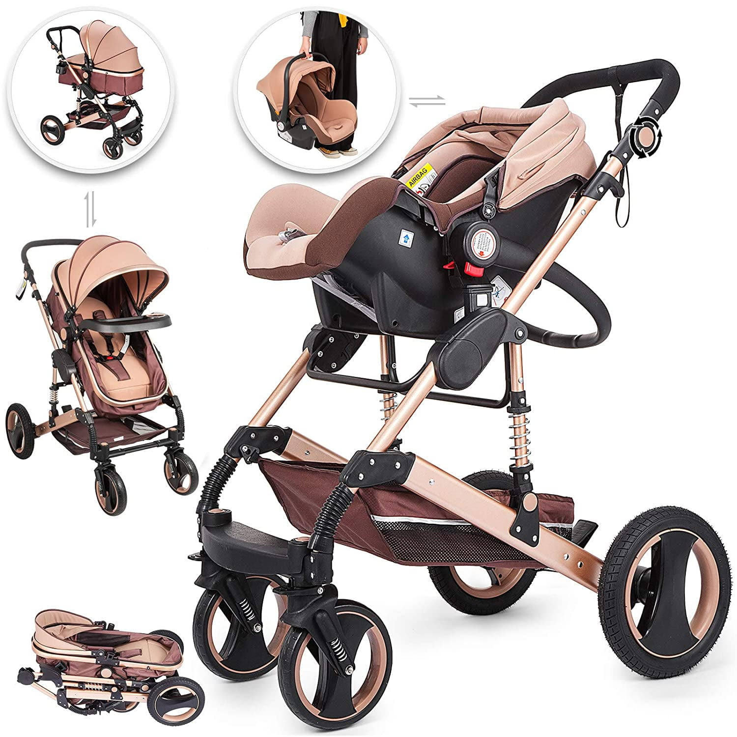 luxury baby stroller 3 in 1 rose gold