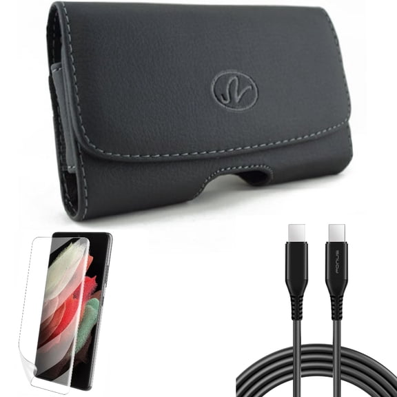 Matte Screen Protector w 6ft Long USB-C Cable w Case Belt Clip for Samsung Galaxy S21 Plus - TPU Film Anti-Glare, PD Fast Charger Cord Power, Leather Swivel Accessory Bundle