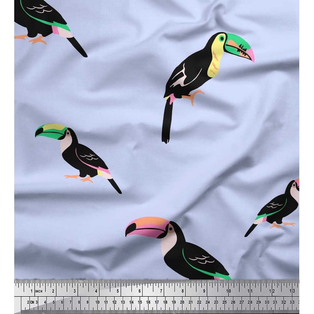 Soimoi Blue polyester Crepe Fabric Toucan Bird Print Fabric by Yard 52 Inch Wide
