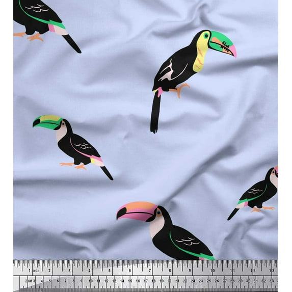 Soimoi Blue Silk Fabric Toucan Bird Printed Craft Fabric by the Yard 44 Inch Wide