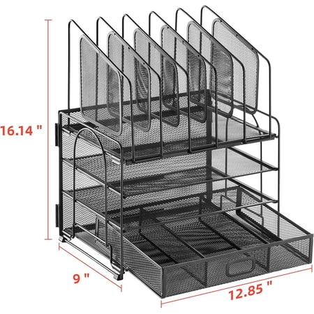 Marbrasse Desk Organizer with Drawer, 4-Tier Mesh Desk File Organizer with 5 Vertical File Holders and 2 Pen Holders, Multifunction Desktop Organizer,Desk Organizers and Accessories for Home Office