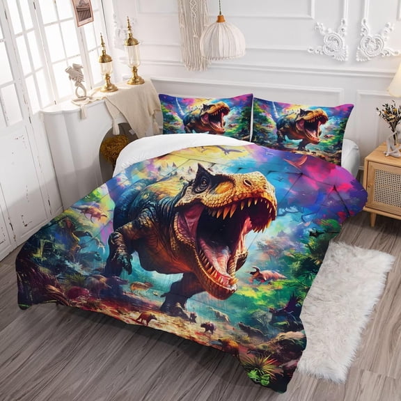 Kids Colorful Dinosaur Comforter Set Queen Size for Boys Tie Dye Dino Quilt Set Soft Microfiber Dino Bed Set for All Season Use Dinosaur Bedding Set with 1 Comforter   2 Pillowcases