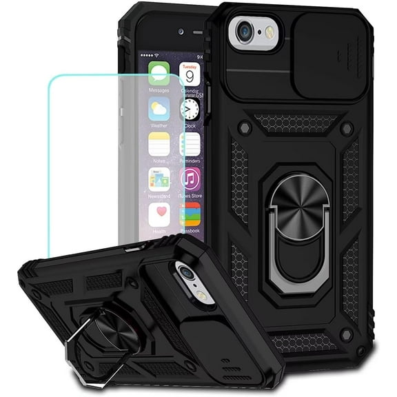 Case for iPhone 6 Case, iPhone 6S Case with Tempered Glass Screen Protector and Slide Camera Cover, 360° Rotate Ring Stand Magnetic Cover for Apple iPhone 6 Black