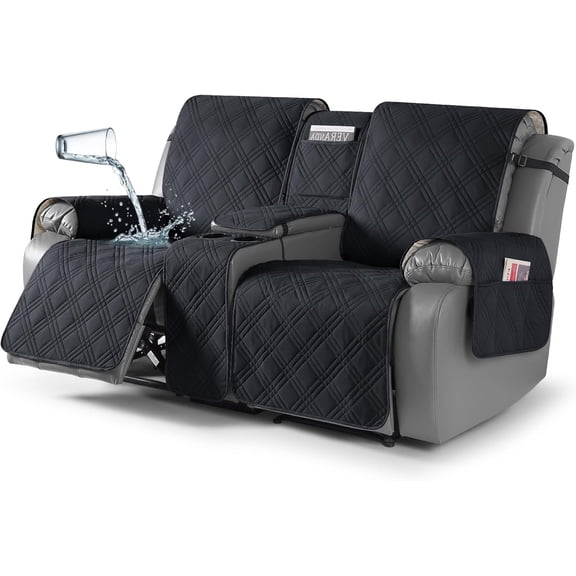 Waterproof Loveseat Recliner Cover with Console, Non-Slip Reclining Loveseat with Console Cover with Pocket, Split Recliner Sofa Covers Furniture Protector for Pets Dogs(2 Seater, Black)