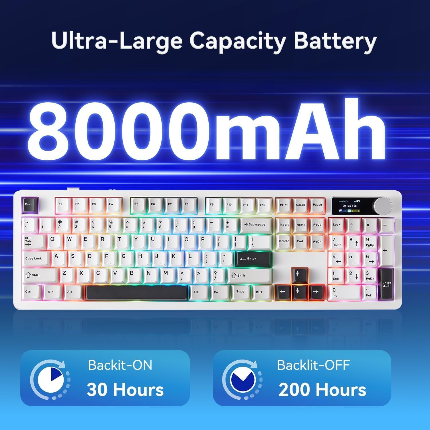 F106PRO Keyboard, Full Size Mechanical Keyboard with Media Knob & Screen, 8000mAh Hot Swappable Custom PBT keycaps Gaming Keyboard - Blaze ,Black White Grey
