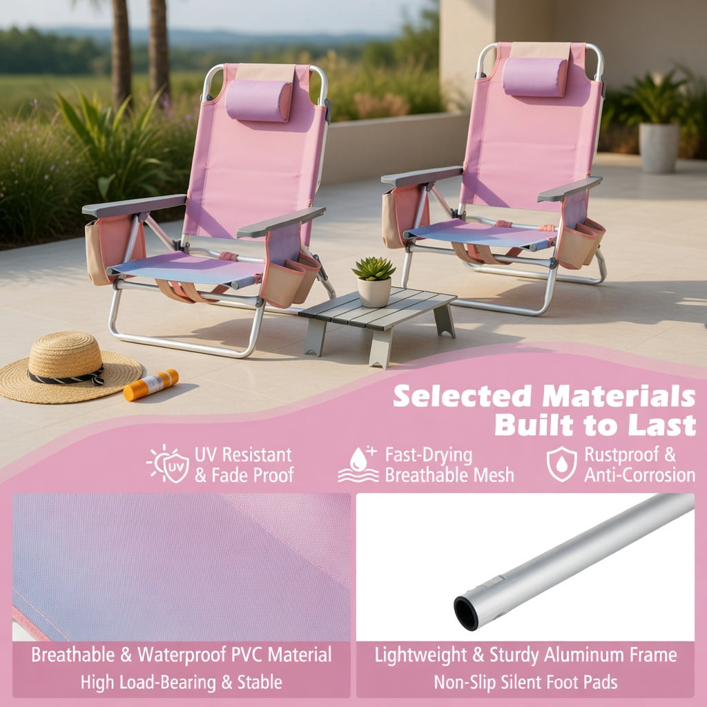 Hommoo 2-Pack Adjustable 5-Position Aluminum Beach Chair Set with Folding Side Table, Lightweight Portable Camping & Outdoor Reclining Chairs, Pink