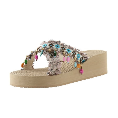 

KI-8jcuD Slippers Socks For Women Fashion Spring And Summer Women Slippers Thick Bottom Wedge Heel Lightweight Sequins Ethnic Style Comfortable Beach Shoes House Slippers For Women Washable House Sl