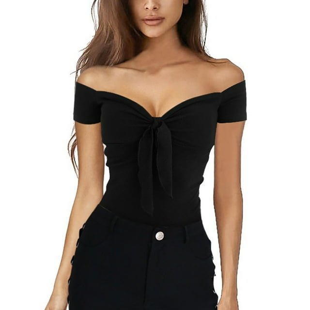 ICHUANYI Clearance Fashion Women Sexy Casual Color Bow Off Shoulder Blouse Crop Tops Shirt(Black, XL) ICHUANYI WER2023081014955