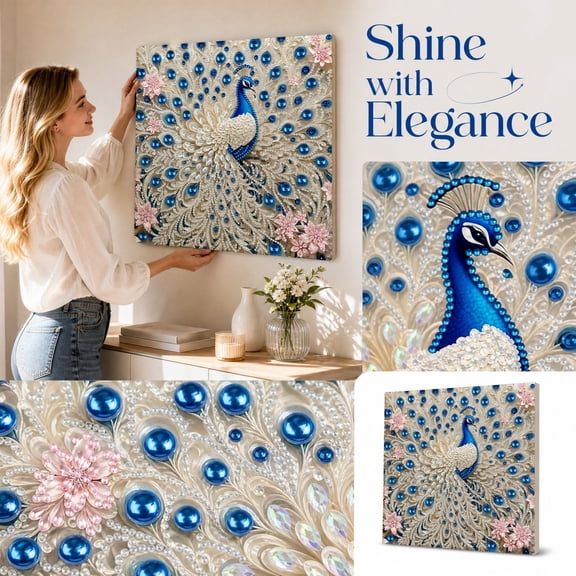 StlyGar Elegant Peacock DIY Pearl Diamond Art Painting Kit with Frame 9.84x9.84 Inch Pearl Beads Craft Kit for Adults