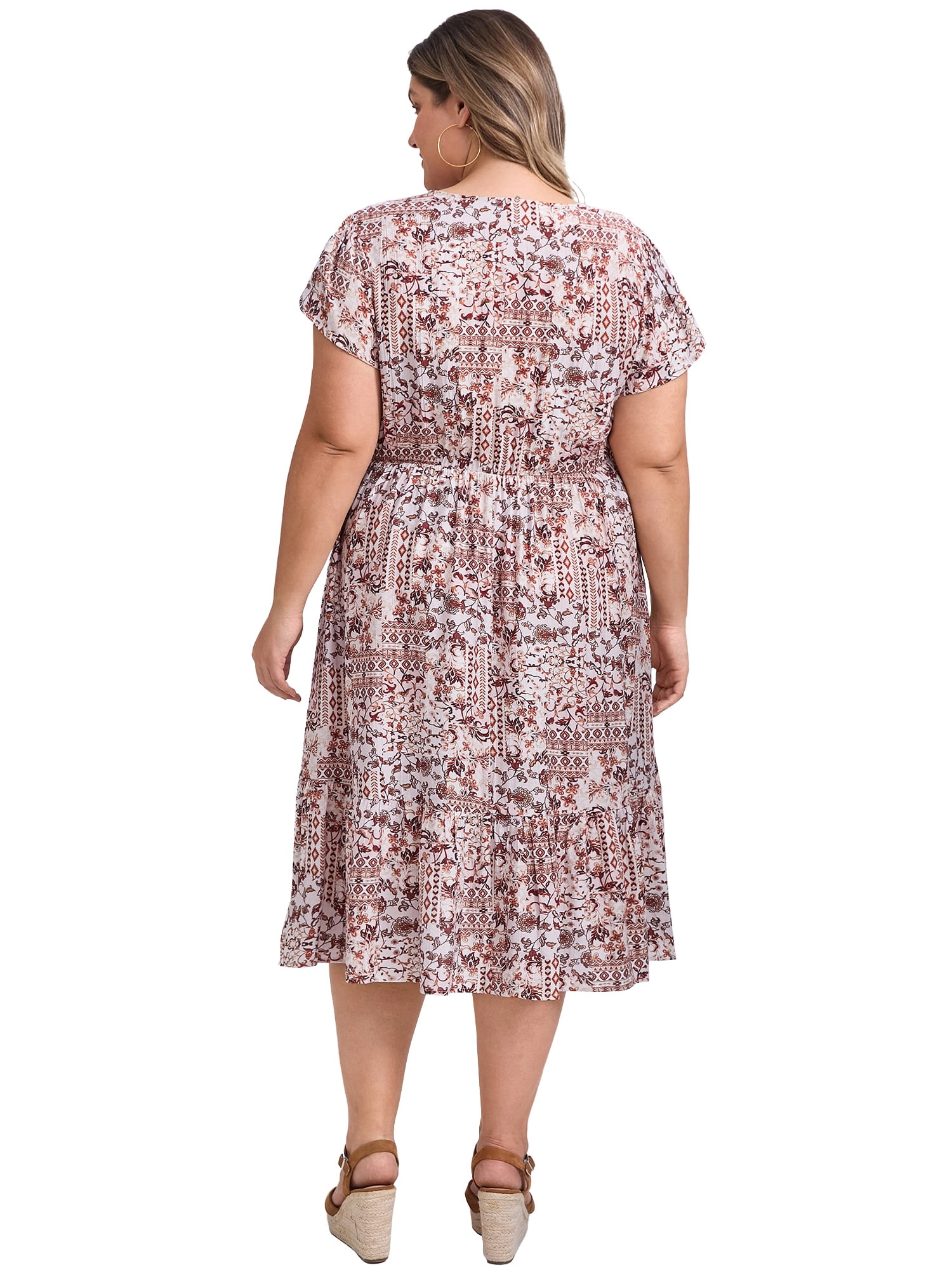 DARING DIVA Plus Size Boho Floral V Neck Cap Sleeve A Line Midi Dress 2X Brown Red
