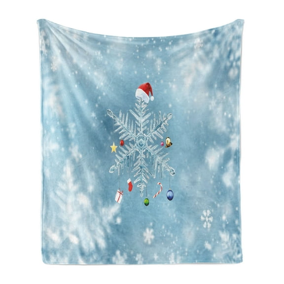 Christmas Soft Flannel Fleece Throw Blanket, Branch of a Fir Tree and Blue Ball with Exposure Snowflake Motifs View Print, Cozy Plush for Indoor and Outdoor Use, 70" x 90", Brown Green, by Ambesonne