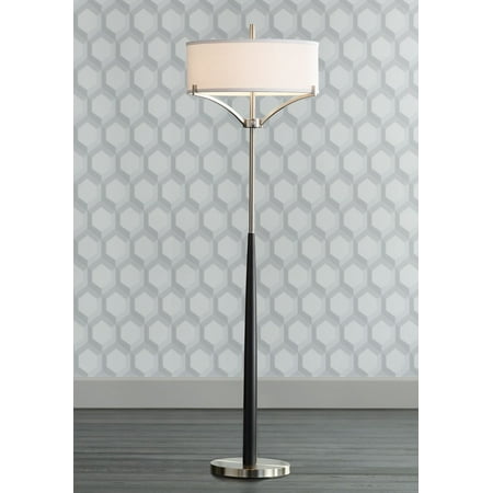 - 360 Lighting Modern Floor Lamp Black and Brushed Steel Column White Linen Drum Shade for Living Room Reading Bedroom Office