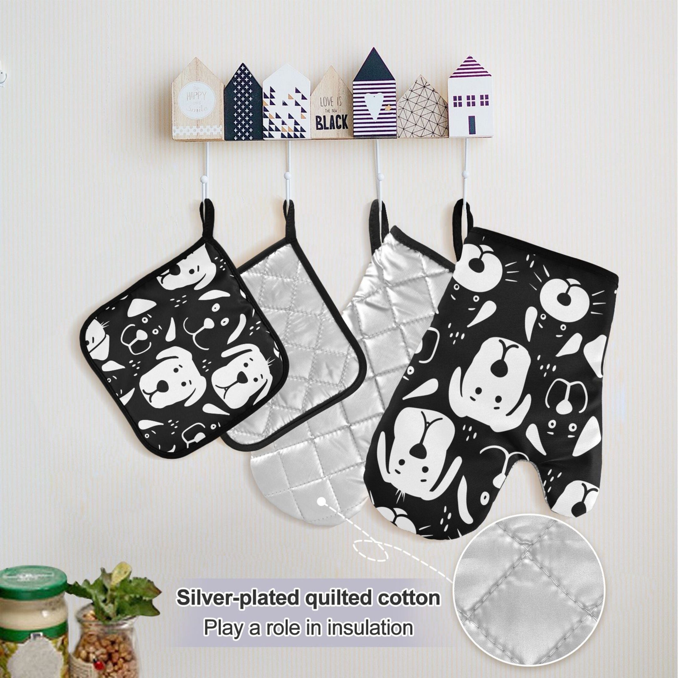 5 Pcs Kitchen Set Heat Resistant Oven Mitts and Non-Slip Pot Holders with Adjustable Cooking Apron Black White Dog Face