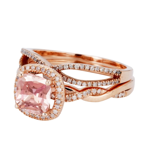Cushion Cut Twisted Stackable Halo Morganite And Diamond Moissanite Engagement Ring In Solid 10K Rose Gold
