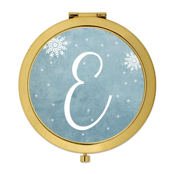Koyal Wholesale Gold Compact Mirror Bridesmaid's Wedding Gift, Blue Winter Snowflakes, Monogram Letter E, 1-Pack