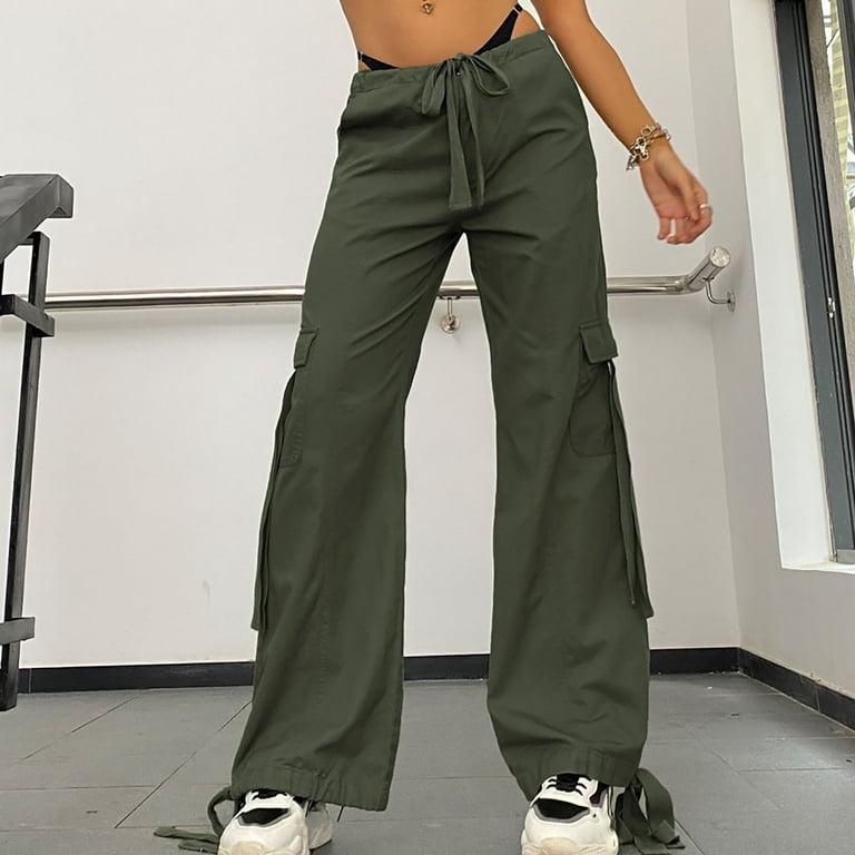 JWZUY Y2K Cargo Drawstring Wide Leg Pants for Women High Rise Straight  Cargo Pants Harajuku Vintage Grunge Streetwear Army Green M