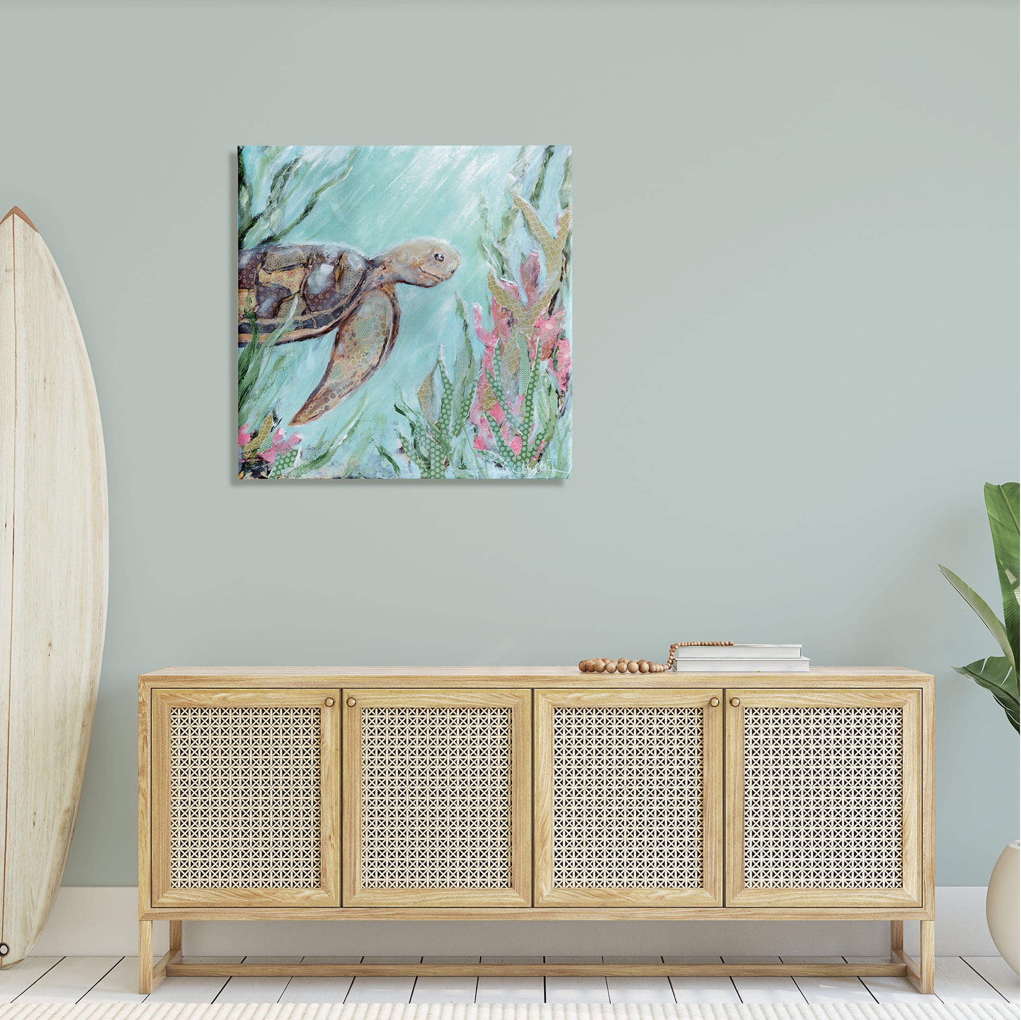 Stupell Underwater Sea Turtle Swimming Coral Landscape Painting Gallery Wrapped Canvas Print Wall Art