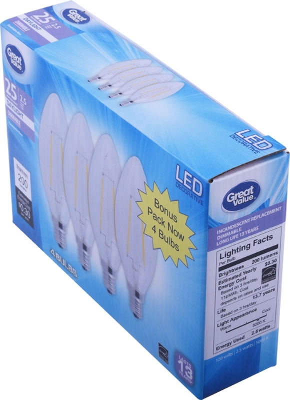 Great Value Decorative LED Light Bulb, Daylight, Dimmable, 2.5W (25W Equivalent), 4 Count