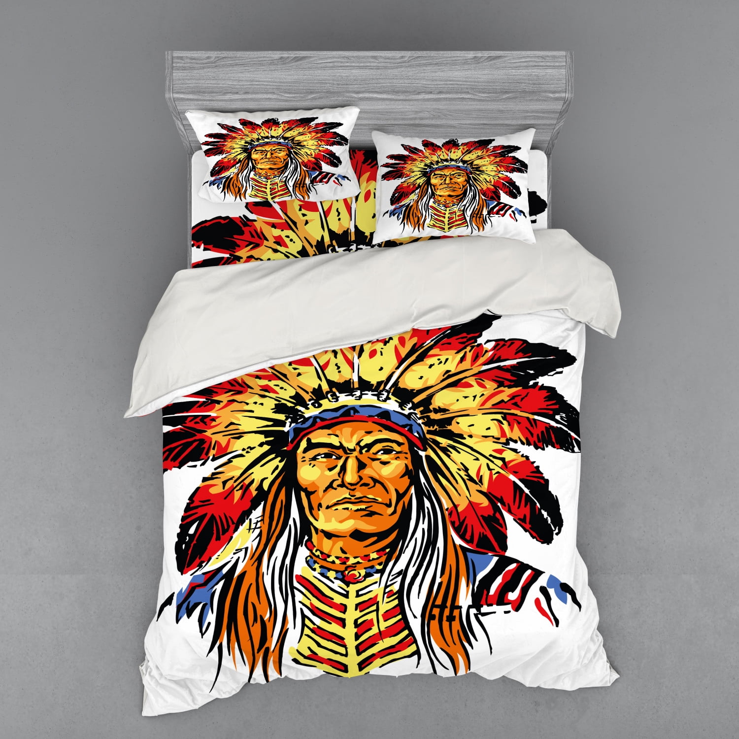 Ethnic Duvet Cover Set, Chief in Vibrant Color Palette Hand Drawn Style