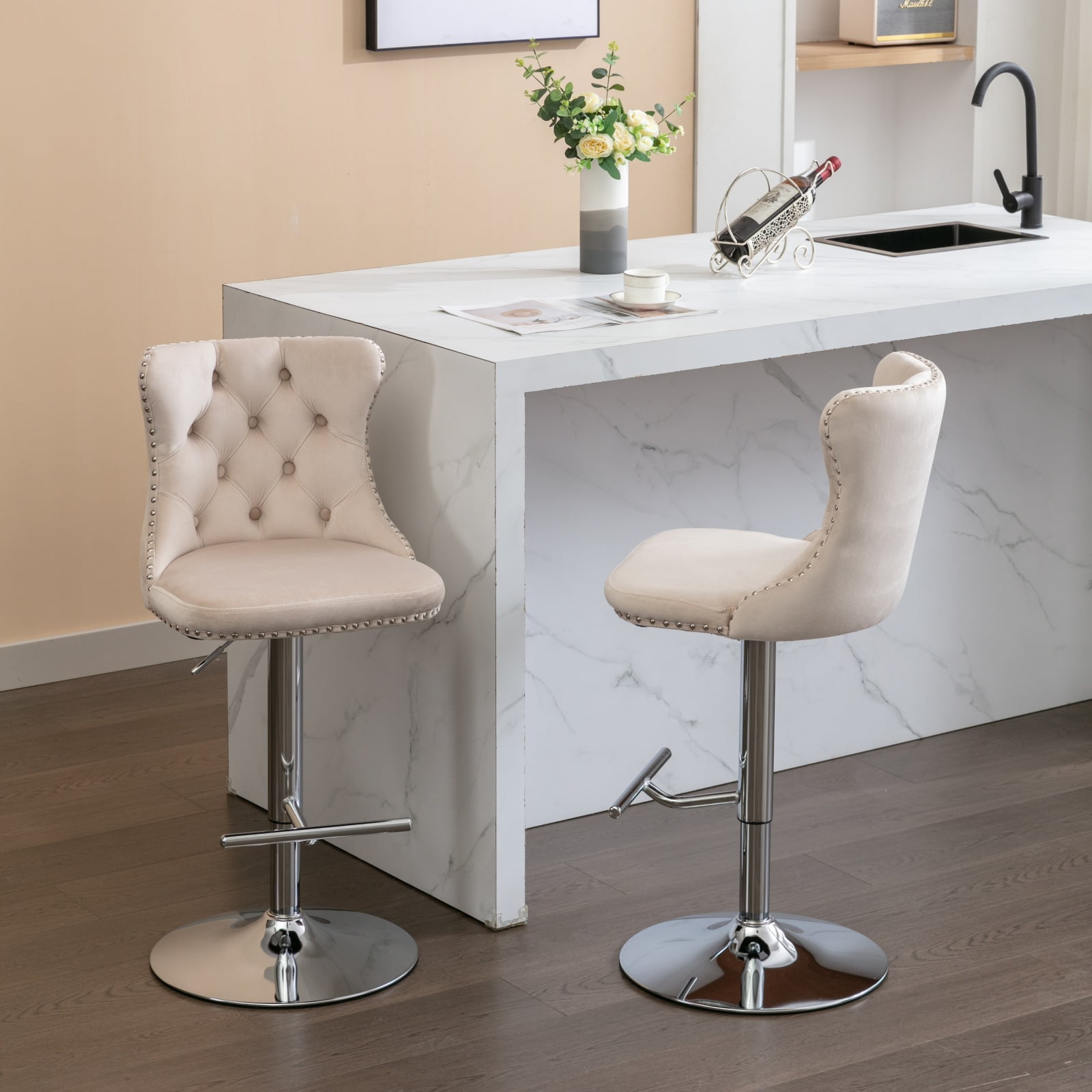 MAYEERTY Swivel Velvet Barstools - Adjustable Seat Height 25-33 Inch, Chrome Base, Tufted Backs, Beige, Set of 2