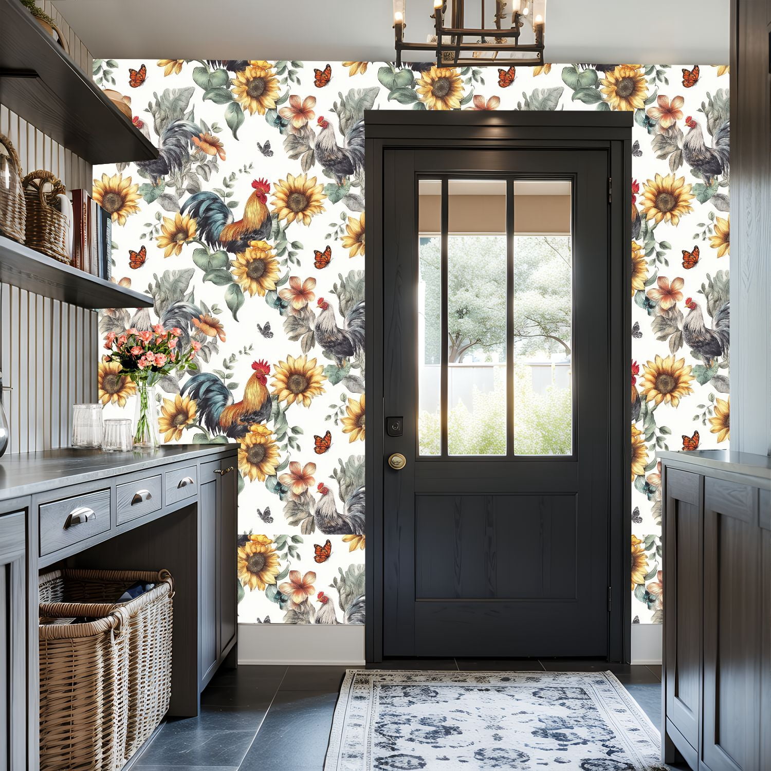 Peel and Stick Wallpaper 17.7in x 9.8ft Farmhouse Rooster Sunflower Floral Contact Paper Vinyl Self-Adhesive Removable Wall Paper for Bedroom DIY Home Decor Renter Friendly
