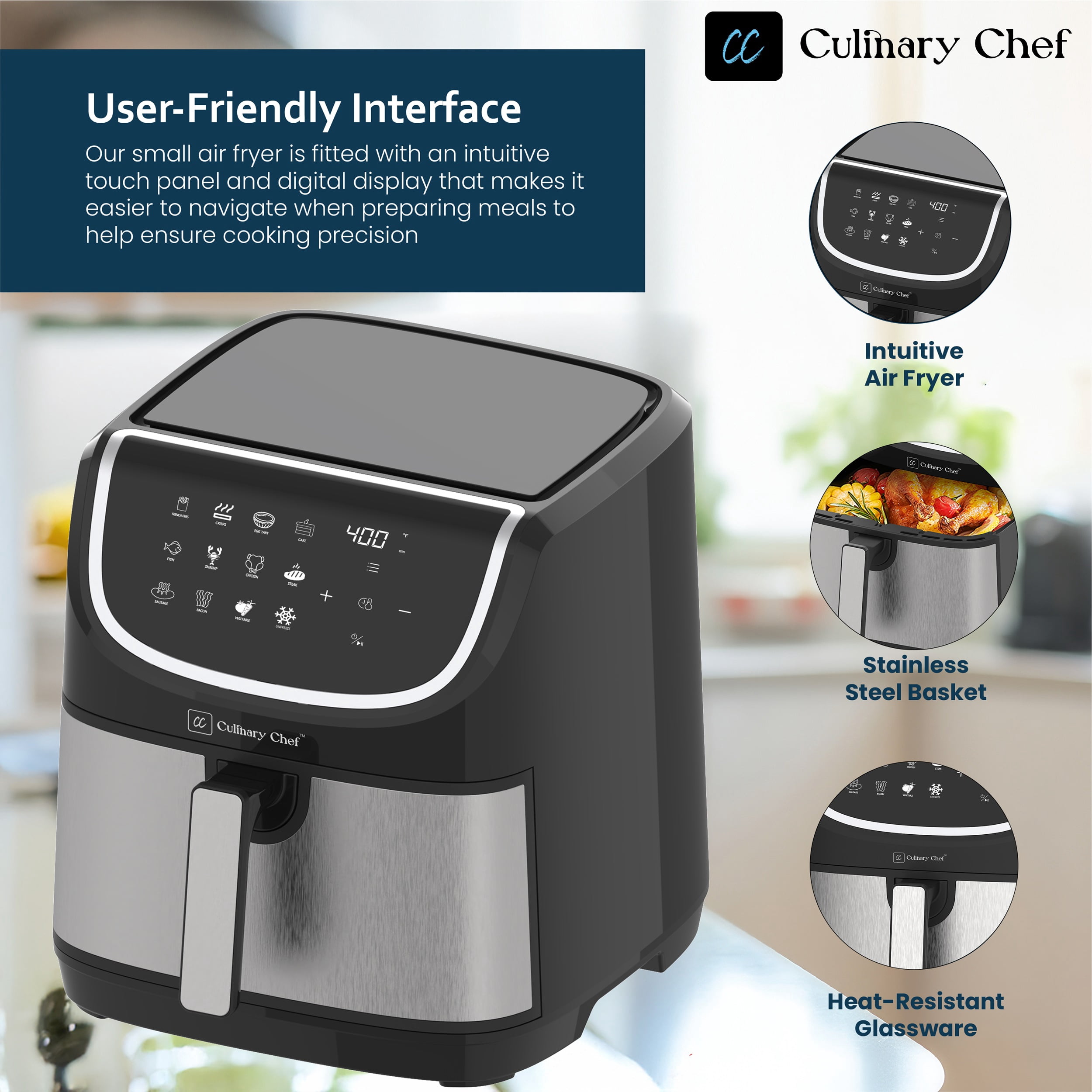 Culinary Chef 8.45-Quart Electric Air Fryer, Adjustable Temperature, Touch Panel Control, One-Touch Cook Functions, and 360° Rapid Cooking, 1700 Watt Power