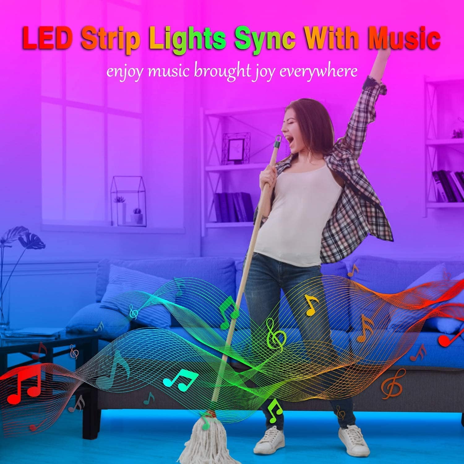 16.4ft RGB Smart LED Strip Lights Kit, Music Sync APP Color Changing Flexible Dimmable SMD 5050 LEDs Tape with 44 Key RF Remote, LED Ribbon for Home Lighting Kitchen Bar