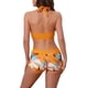 thumbnail image 3 of Conjuntos de bikini de dos piezas con estampado de hojas y bloques de color para mujeres, parte superior tipo halter y parte inferior tipo boyshorts, tamaño X-Small, color naranja, 3 of 5