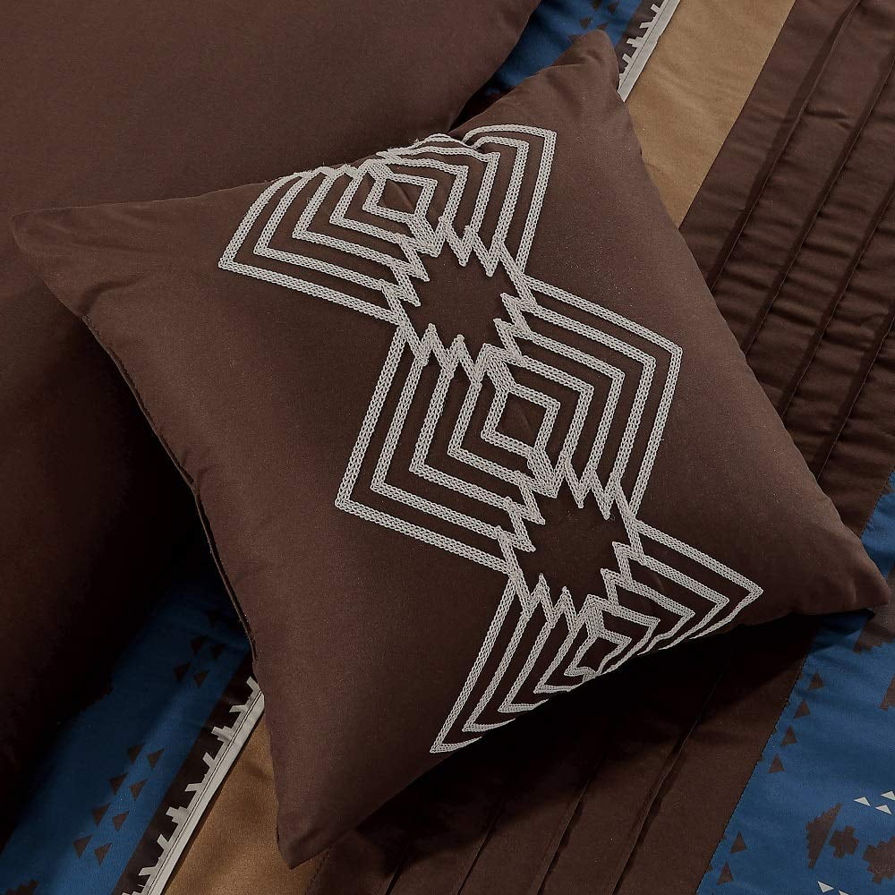 7 Piece Western Southwestern Design Comforter Set Multicolor NAVY Coffee Brown Embroidered KING Size Bed in a Bag Bedding Set- Makala