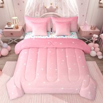 Castle Fairy Sparkling Stars Print Bedding Comforter Set 7 Pieces for Female Girls,Dreamy Princess Full Bedding Set Lightweight,Bling Gradient Glitter Fitted Sheet Flat Sheet,Super Cozy Room Decor