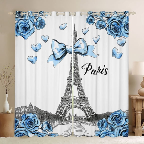 Homewish Romance Paris Curtains Pack of 2 (42x84 Each),Eiffel Tower Curtains Blackout,Blue White Bedroom Curtains For Girls Kids,Microfiber Bedroom Decor