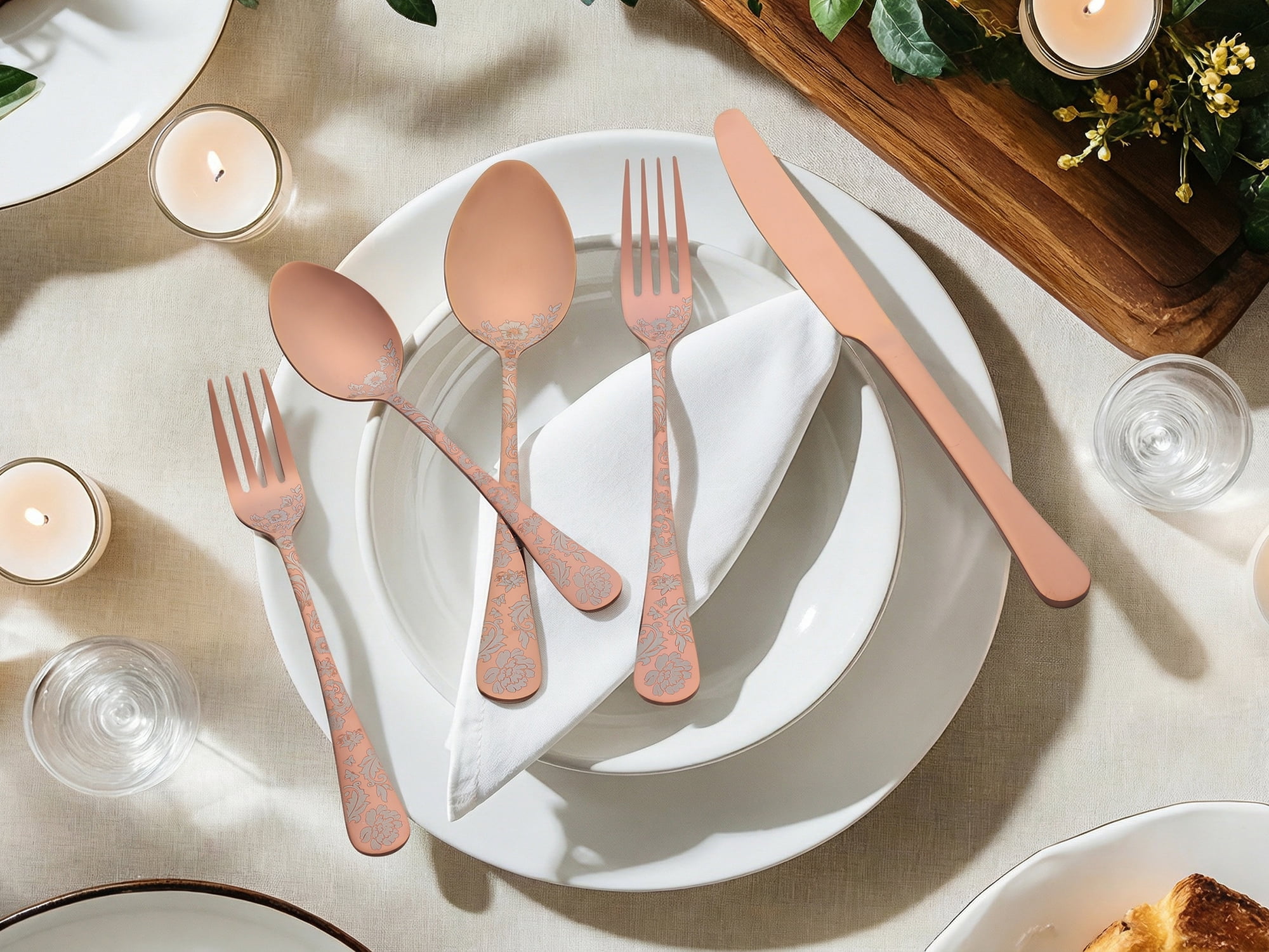 Unique Bargains 20 Pieces Floral Stainless Steel Flatware Set for 4 Rose Gold