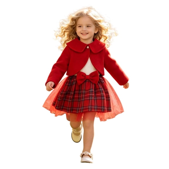 ZHOGXU Baby Girls Plaid Bowknot Lace Trim Dress And Long Sleeve Coat Tops Outfits 2PCS Clothing Set For Kids,Red,12-18 Months