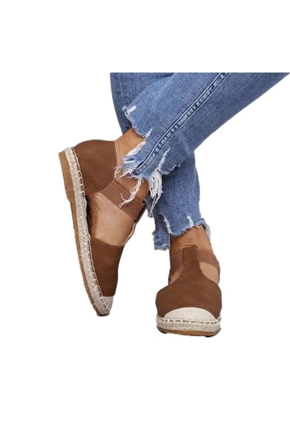 Womens Espadrille Sandals Flat Weaving Toe Slip on Close Toe Elastic Straps Solid Color Bohemia Style Cut out Soft Sole Comfortable Non Slip Breathable Summer Walking Shoes Brown