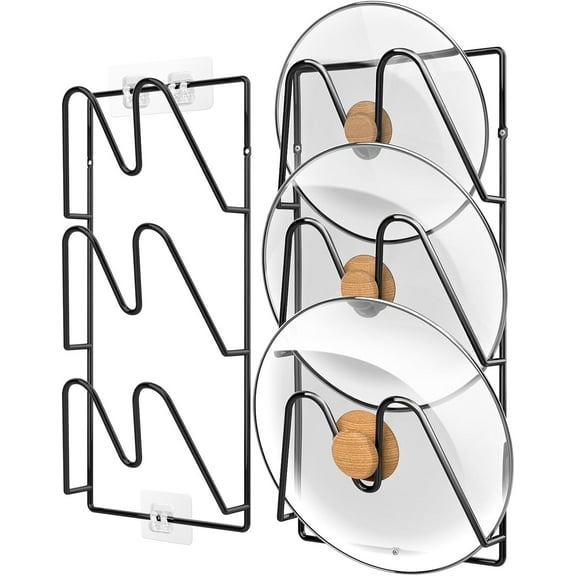 LQQBOX 2-Pcs Pot Lid Organizer, 6-Tier Pots & Pans Lid Holder Organizer for Cabinet or Wall/Door Kitchen Storage, No-Drill Adhesive Mount, Space-Saving Solution (Black)