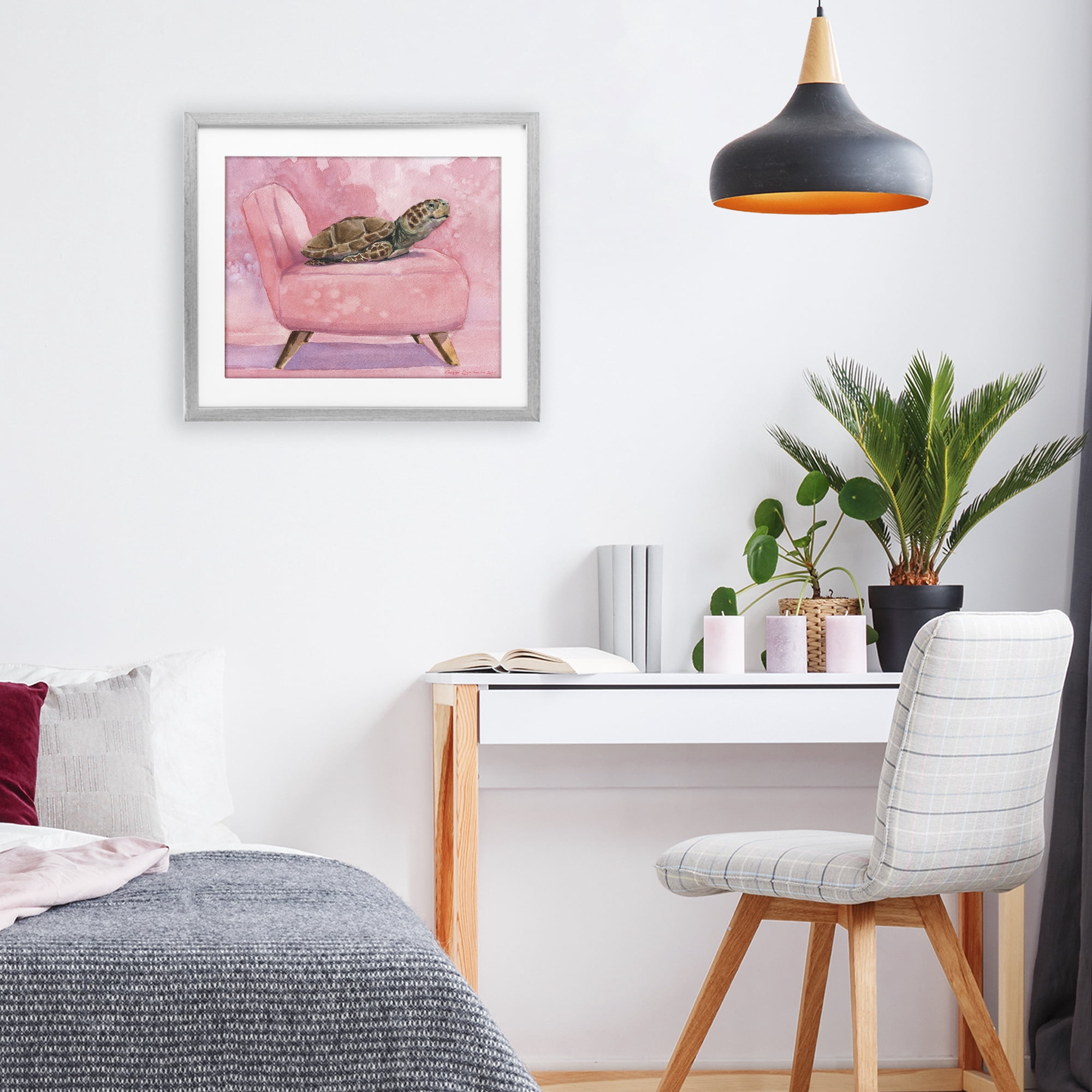 Stupell Industries Happy Turtle on Pink Chair Gray Framed Print Under Glass, design by George Dyachenko