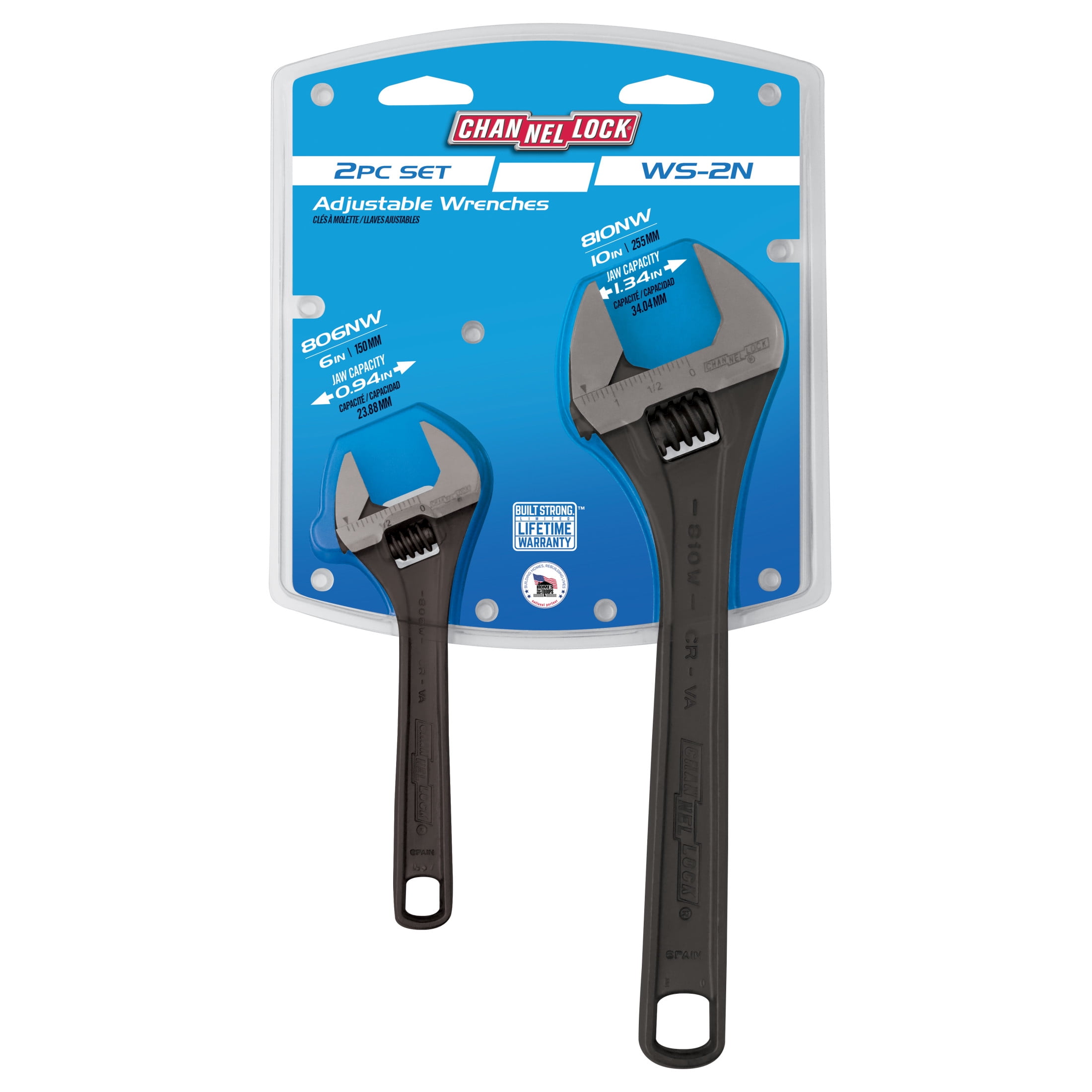 CHANNELLOCK Adjustable Wrench Set, Black Phosphate / Oxide Finish, Includes 6, 10-inch, 2 pieces (WS-2N)