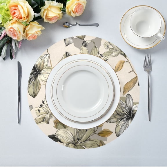 15.4" Round Placemat Set of 1 Polyester Fabric Place Mats Non-Slip Dining Kitchen Table Mats for Kitchen Party Decor Lily Motifs Pattern