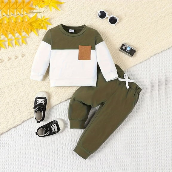 Zehjuhan Baby Boys Fall Winter Outfits Long Sleeve Crewneck Color Block Sweatshirt Top and Solid Pants Green White,3-6M