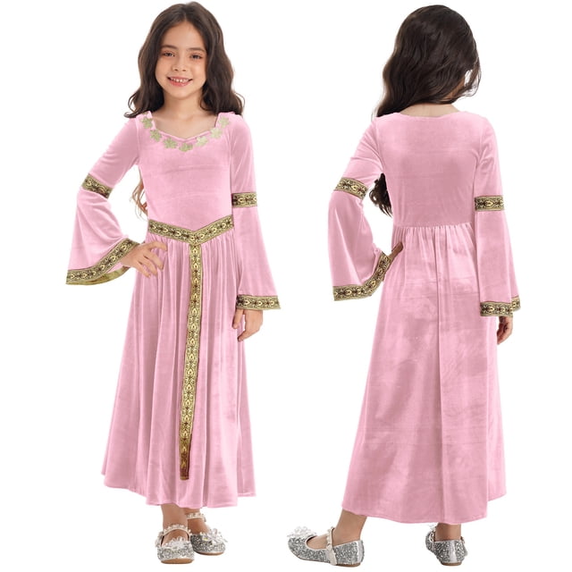 TiaoBug Robe Longue à Manches Évasées pour Filles Enfants, Robe de Princesse Médiévale, Robes Maxi Renaissance, Robes de Bal, Rose 12