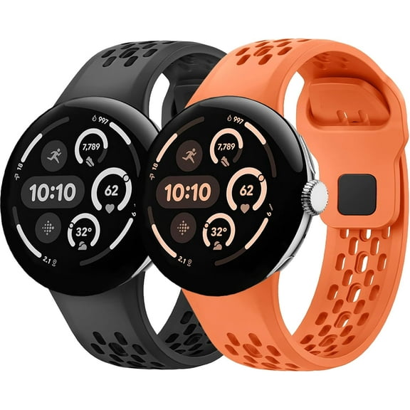 KOMI 2 Pack Sport Breathable Soft Silicone Band Compatible for Google Pixel Watch 3 (45mm), Waterproof No Gap Adjustable Strap for Men Women Black Orange