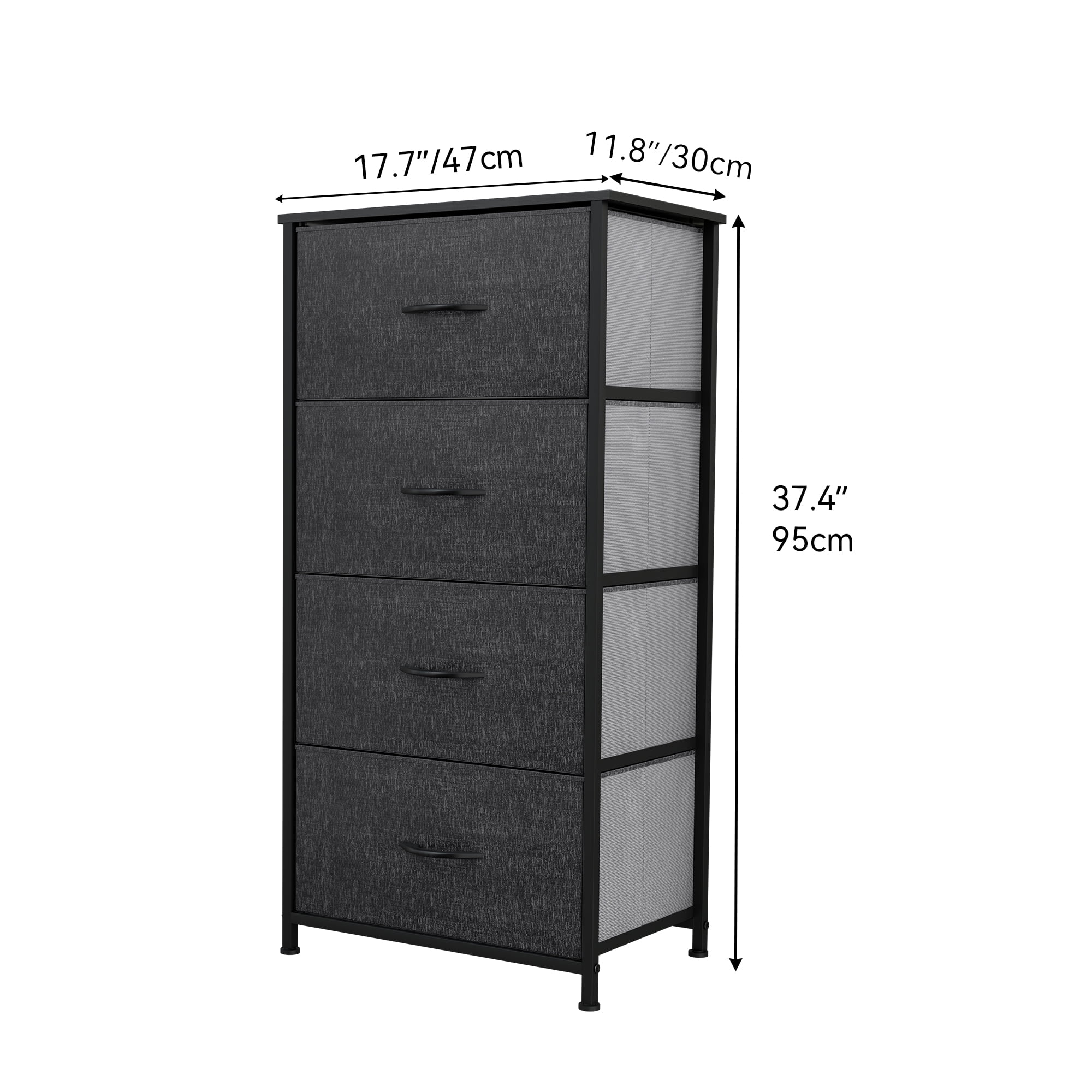DEXTRUS 4-Drawer Fabric Dresser for Adults & Teens, Bedroom & Office Storage Chest, Black Gray