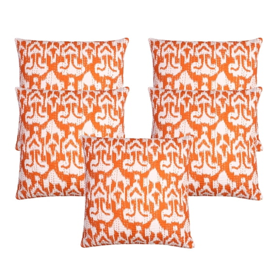 Stylo Culture Indian Sofa Throw Pillow Covers 16 x 16 Kantha Orange Printed 40 x 40 cm Living Room Decor Cotton Ikat Square Cushion Covers | Set Of 5