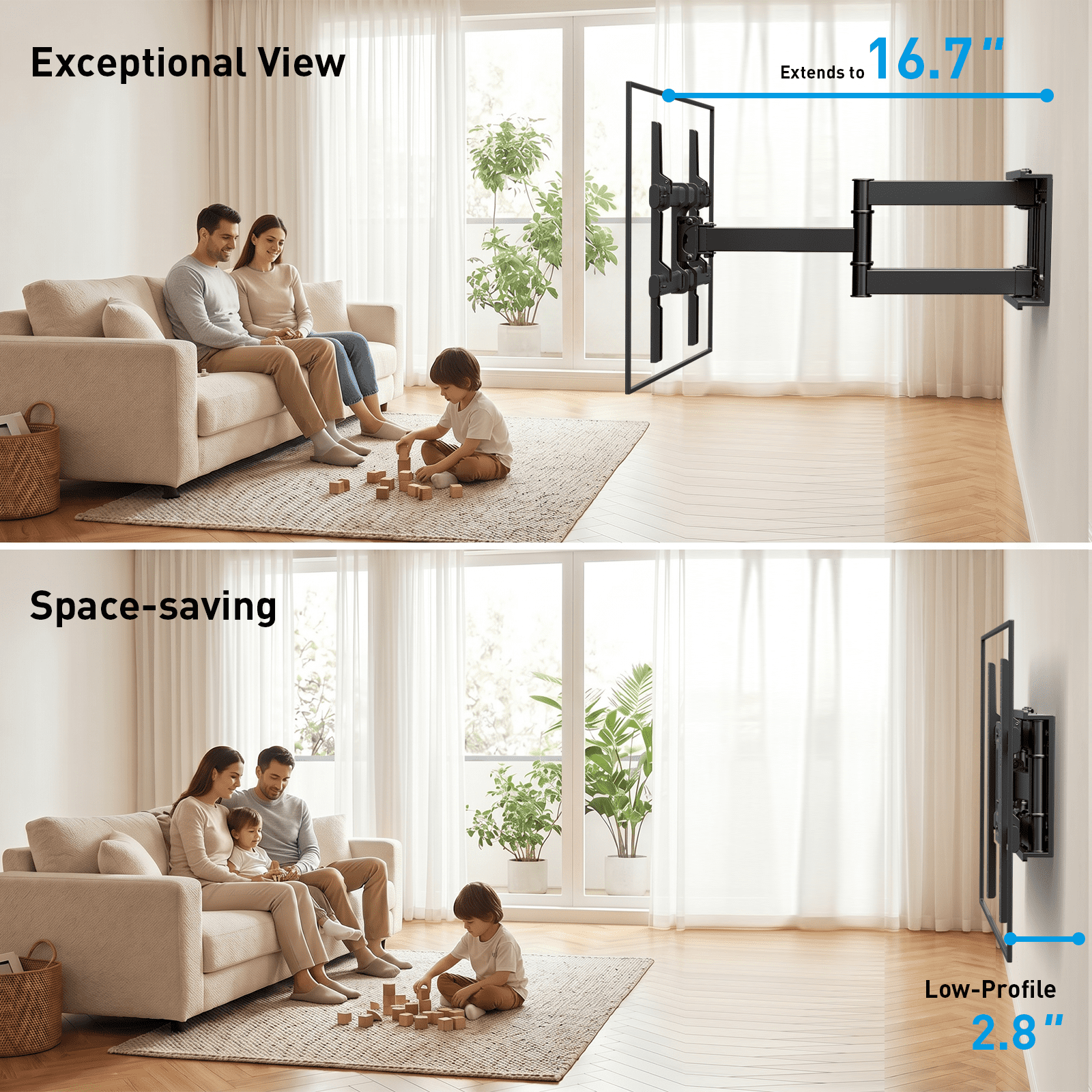 MountFTV Full Motion TV Wall Mount Bracket for 37"-90" TVs, Holds up to 132 lbs, Max 600x400mm, Fits 8″/12″/16″ Wood Studs