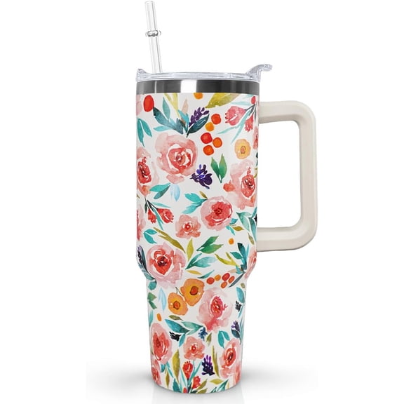 Flower Tumbler with Handle Lid and Straw,40 Oz Watercolor Rose Bouquet Floral Tumbler Water Bottle Travel Coffee Cup Mug,Flower Gifts for Women,Flowers Decor,Accessories