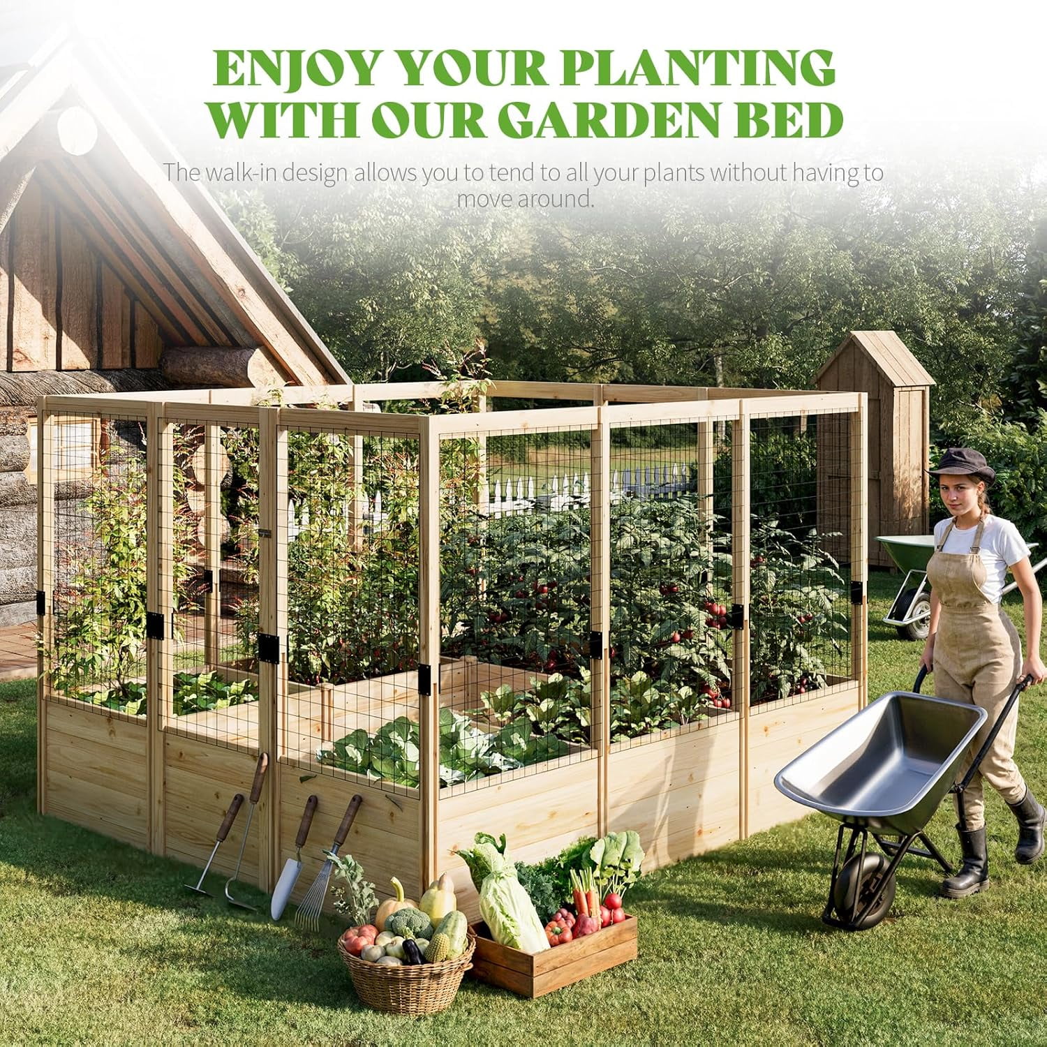 Jocisland Wooden Raised Garden Bed for Outdoor, Deep Large Planter Box with Netting for Gardening, Vegetables, Herbs（8×9×6 ft）
